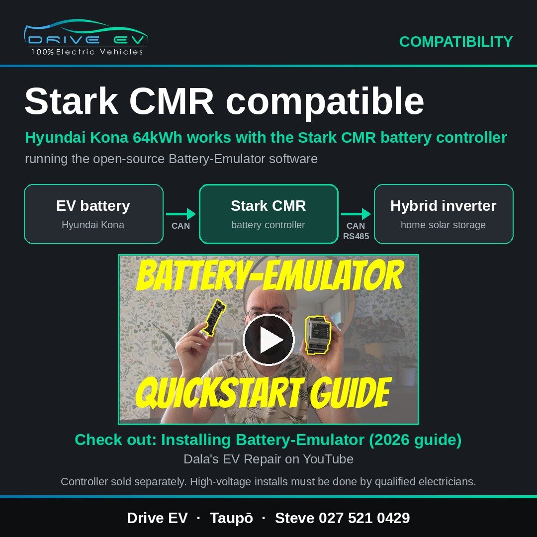 Compatibility graphic: Hyundai Kona 64 kWh pack to Stark CMR battery controller to hybrid inverter, with Dala's Battery-Emulator quickstart guide