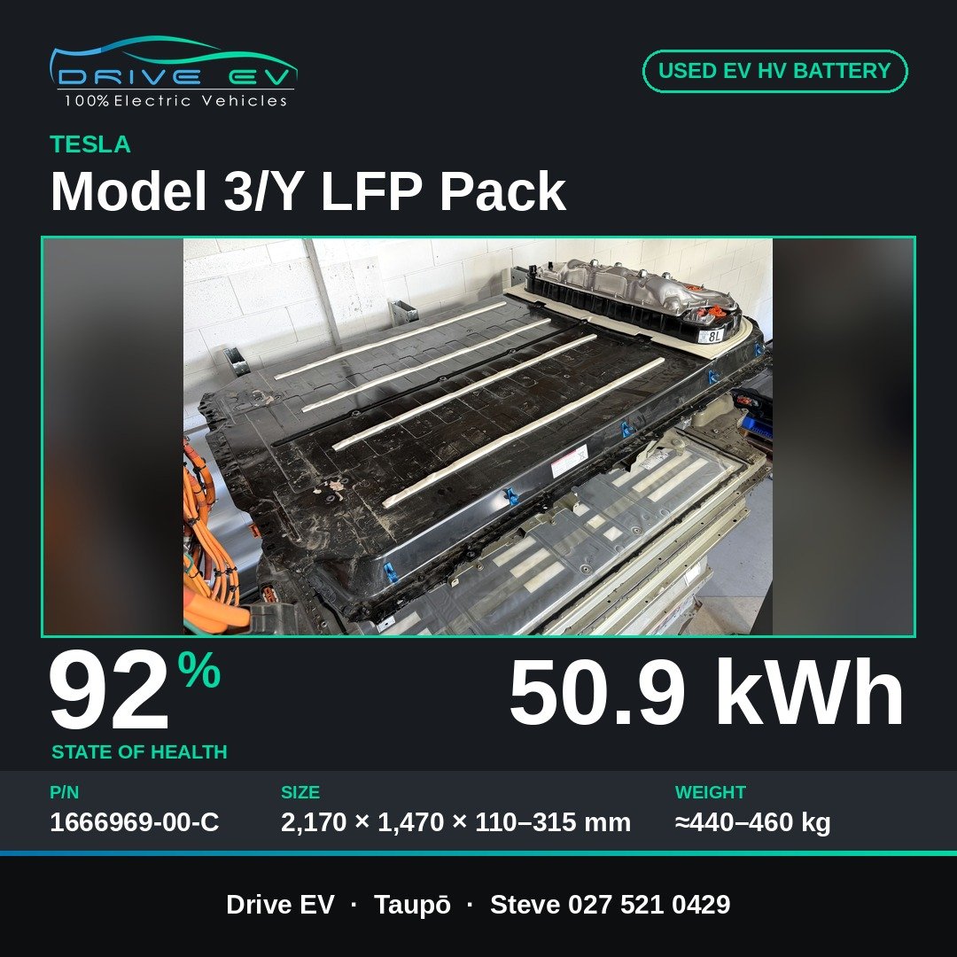 Tesla Model 3/Y LFP pack ad: photo of the pack in the Drive EV workshop, 92% state of health, 50.9 kWh
